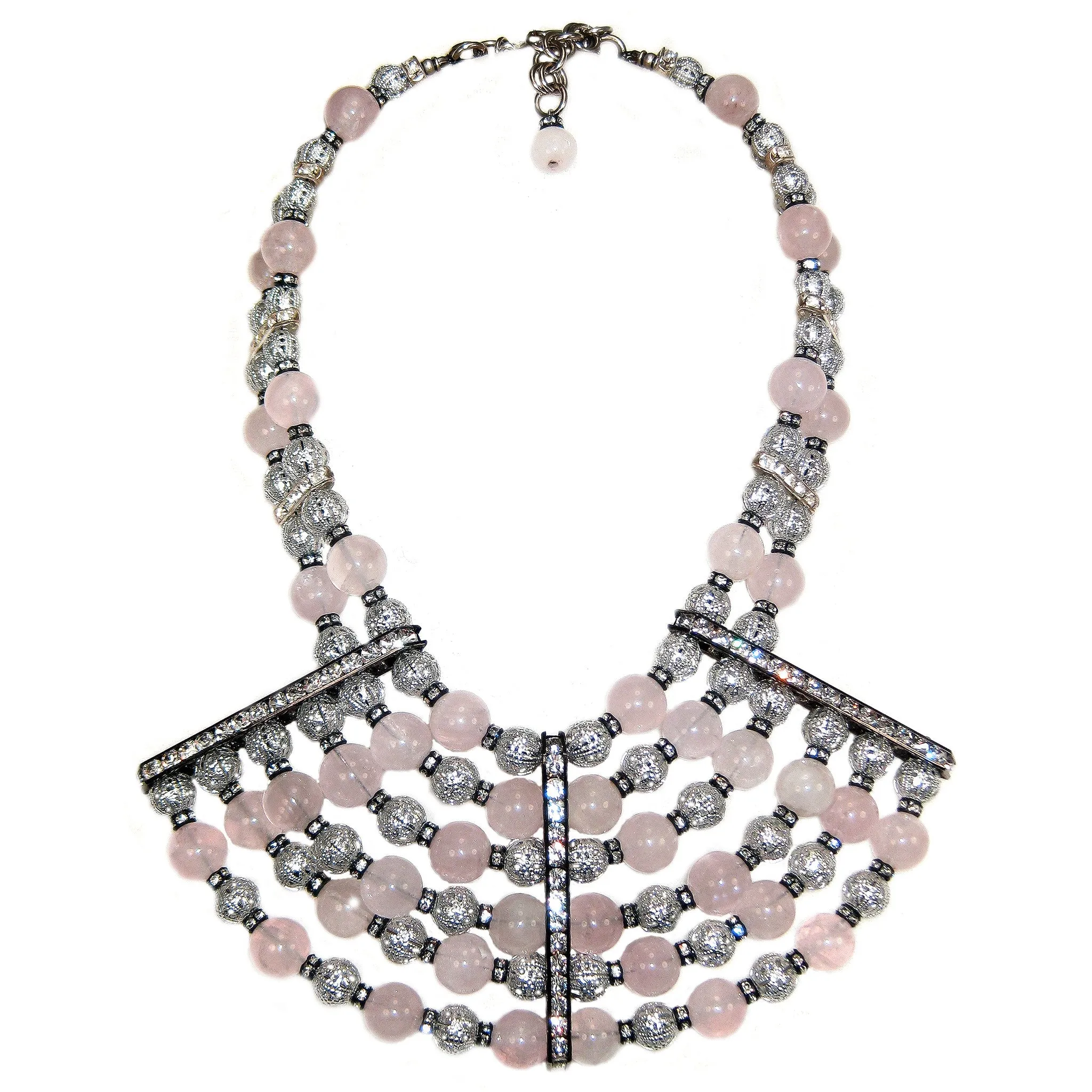 #1025n Silver Tone Filigree, Rose Quartz & Rhinestone Bib Necklace