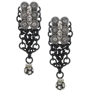 #1042e Silver Tone, Rhinestone & Black Chainmail  Drop Earrings