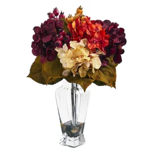 16" Artificial Autumn Hydrangea Berry Arrangement in Glass Vase"