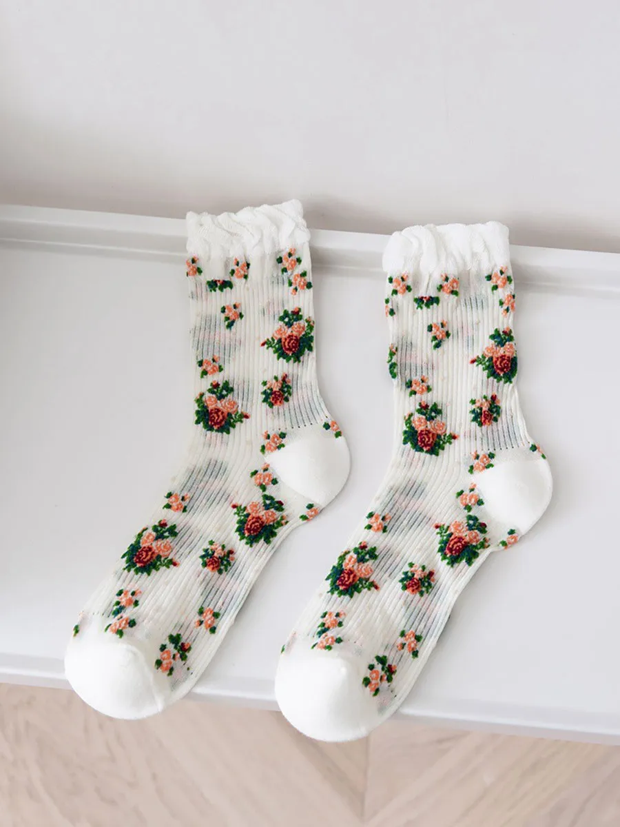 5 Pairs Women Vintage Floral Thin Socks