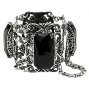 #698b Jet cabochon & Silver Tone Filigree Linked Cuff Bracelet