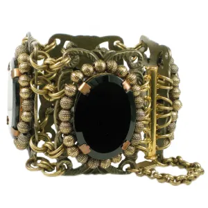 #866b Old Gold Tone and Jet Cabochon Linked Plate Cuff Bracelet