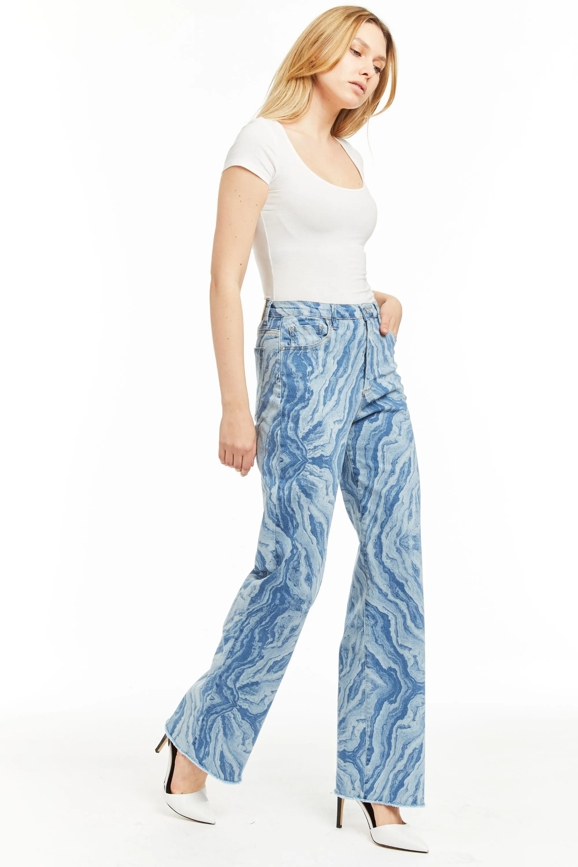 Alice - Marble Printed Straight Leg With Fray Hem