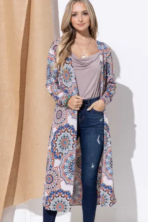 And The Why Printed Kimono Open Front Longline Cardigan in Aztec Medallion