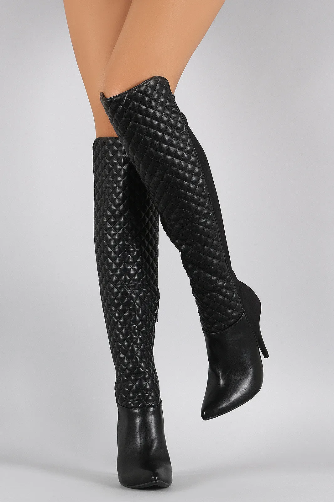 Anne Michelle Quilted Lycra Pointy Toe Stiletto Boots