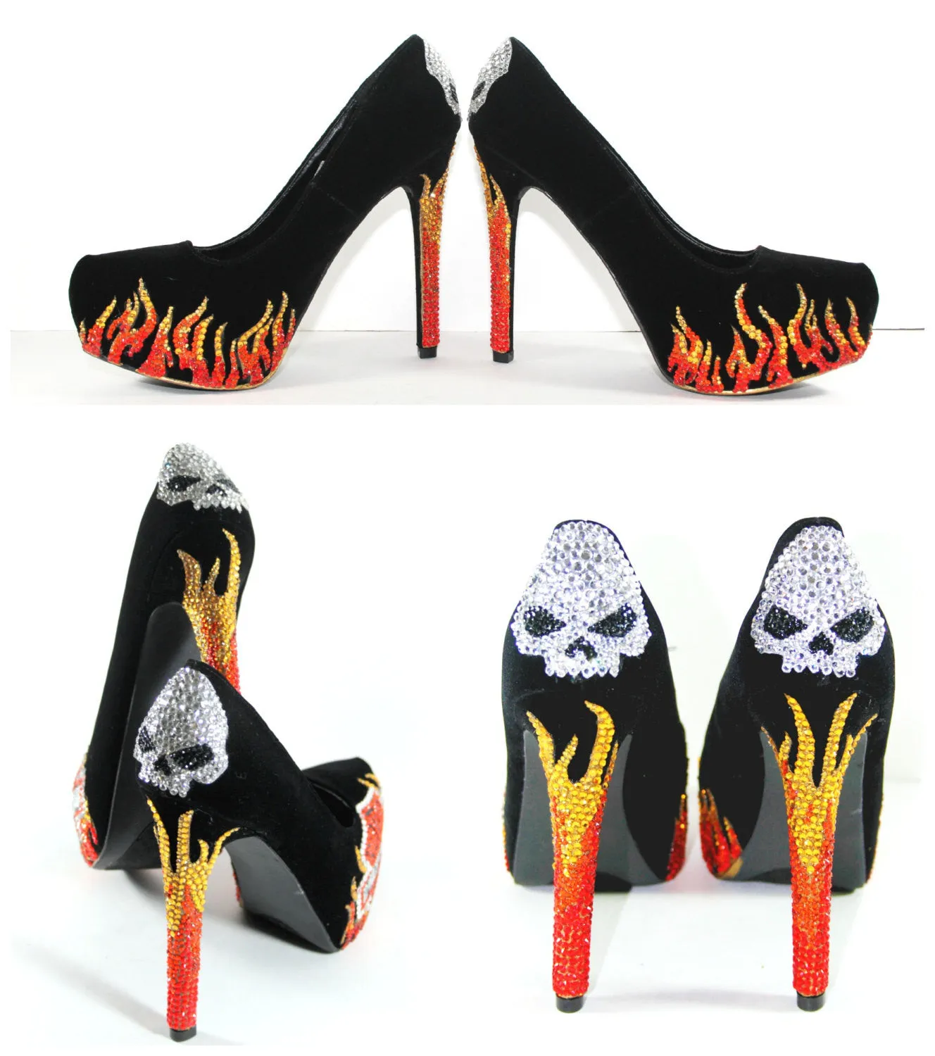 Biker Chic Heels with Crystal Skulls & Flames