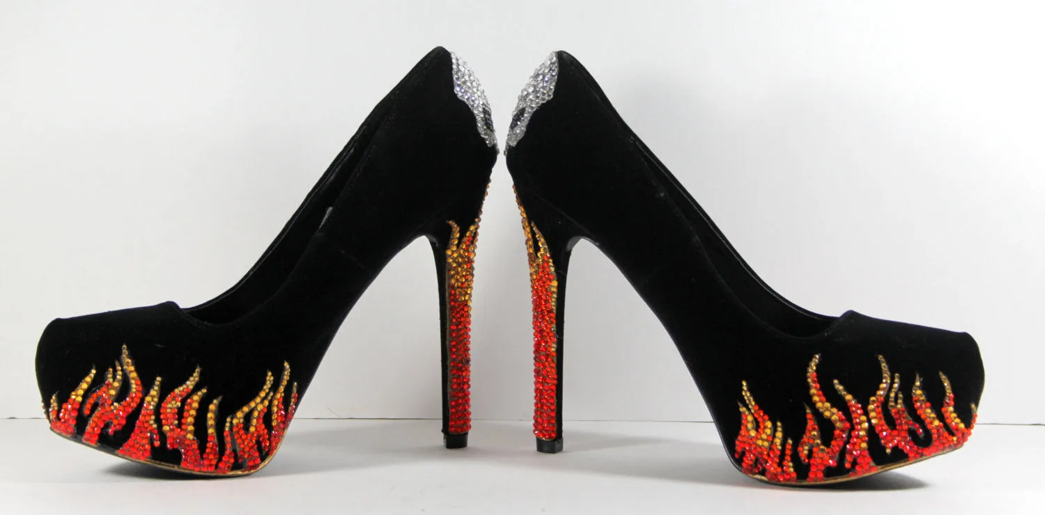 Biker Chic Heels with Crystal Skulls & Flames