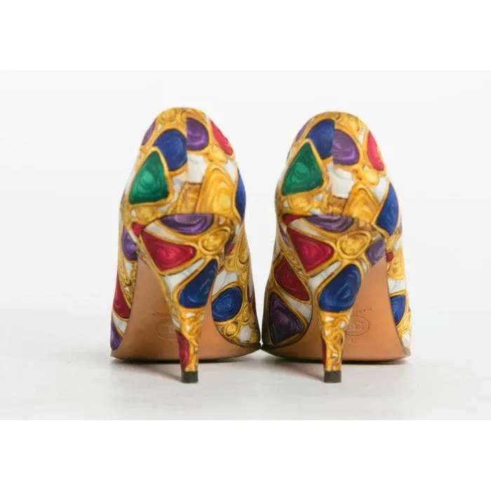 CHANEL 1990s Silk Gripoix CC Logo Print Heels Vintage | Size US 5