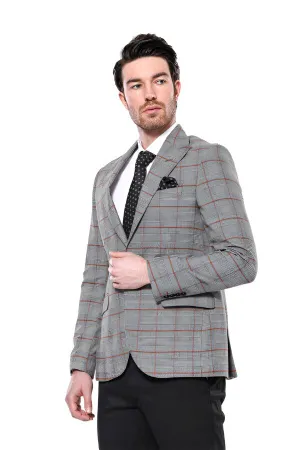 Checked Single Button Slim Fit Grey Men Blazer - Wessi