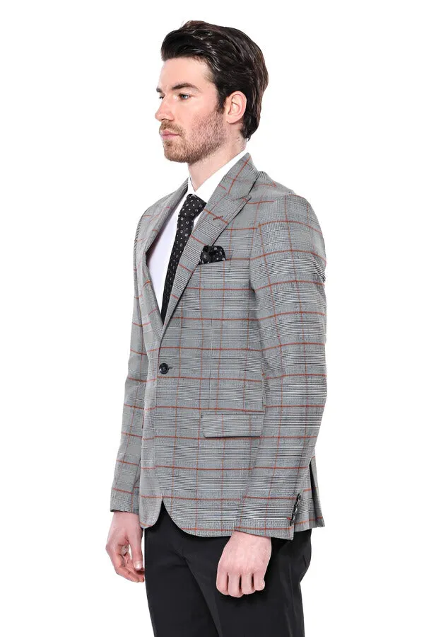 Checked Single Button Slim Fit Grey Men Blazer - Wessi