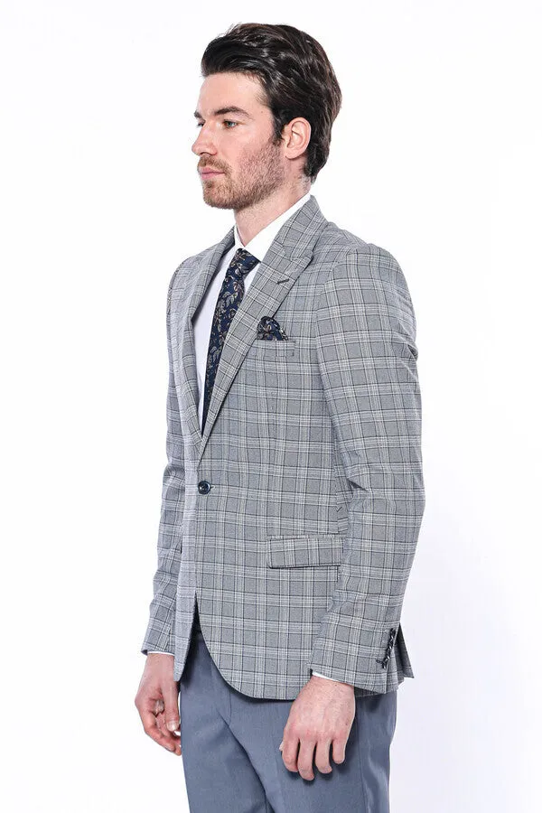 Checked Slim-Fit Grey Men's Blazer - Wessi