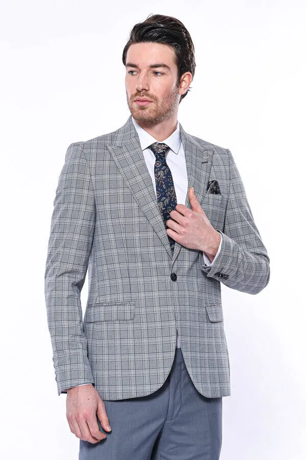 Checked Slim-Fit Grey Men's Blazer - Wessi