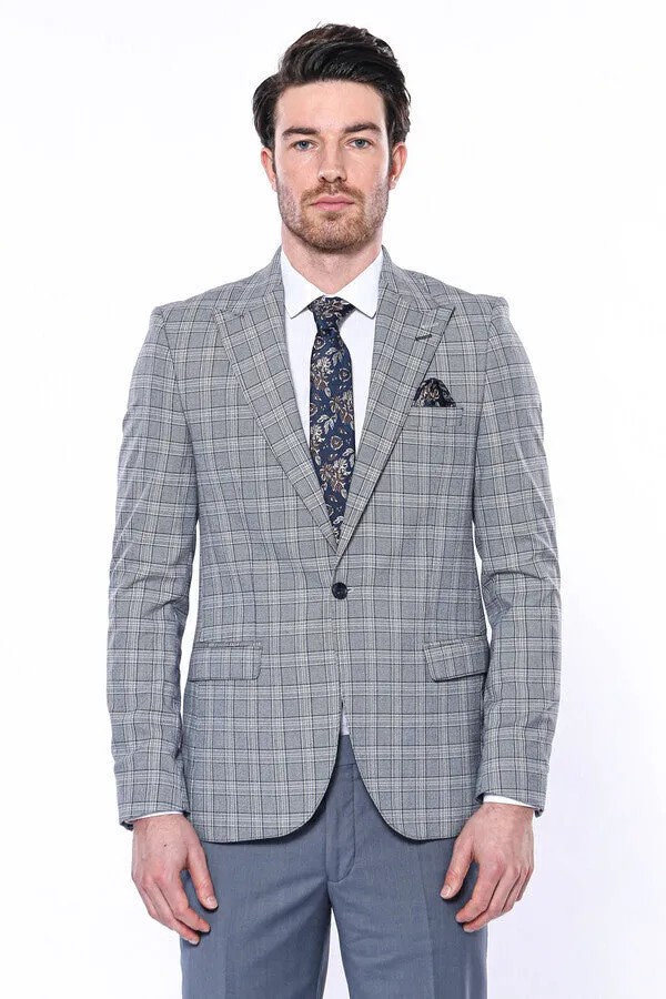 Checked Slim-Fit Grey Men's Blazer - Wessi