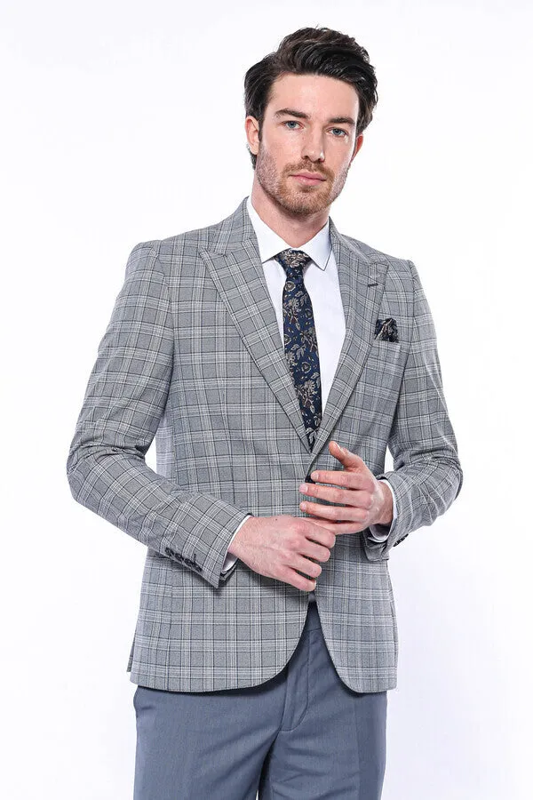 Checked Slim-Fit Grey Men's Blazer - Wessi