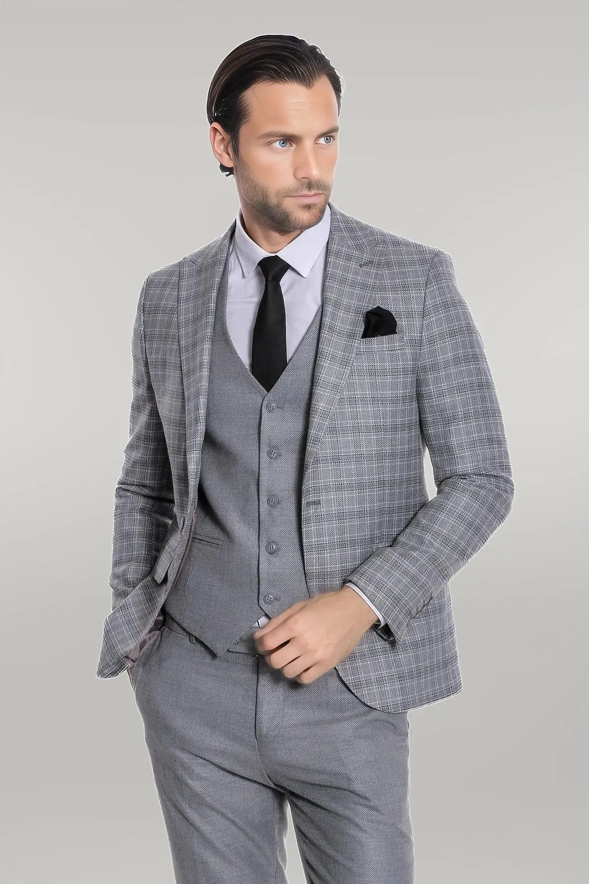 Checked Slim Fit Light Grey Men Suit - Wessi