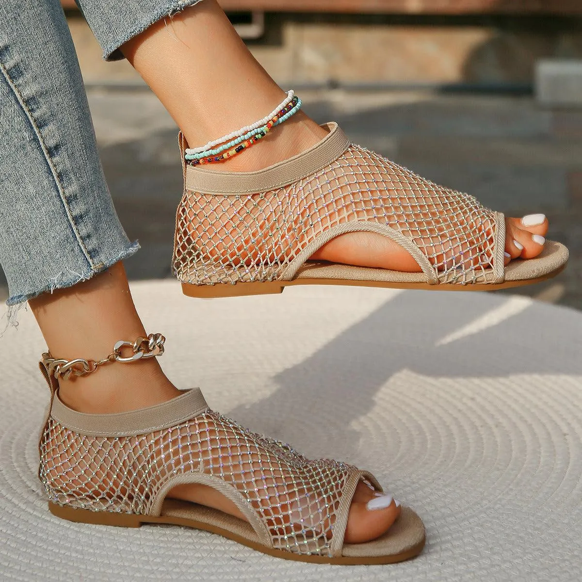 Chic Rhinestone-Embellished Open Toe Sandals with Hollow Design