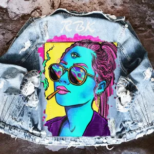 Fashion trendy cool graffiti illustration ripped denim jacket