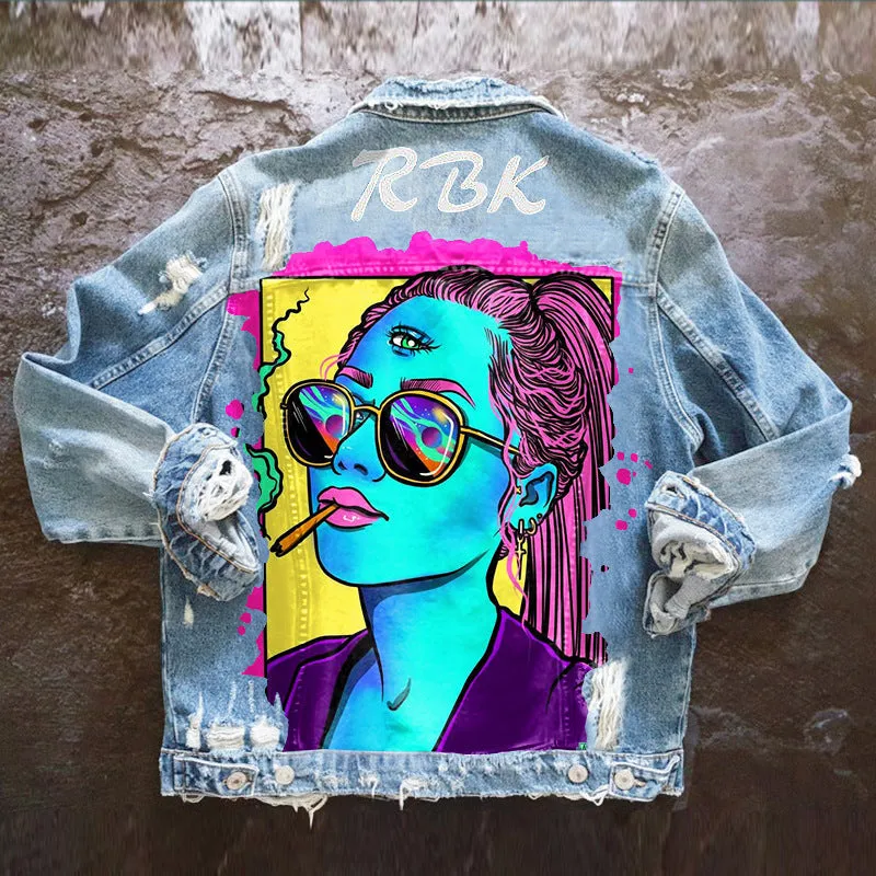 Fashion trendy cool graffiti illustration ripped denim jacket