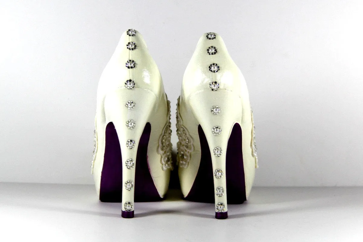 Hand-Painted Lace Heels with Swarovski Crystals & Pearls