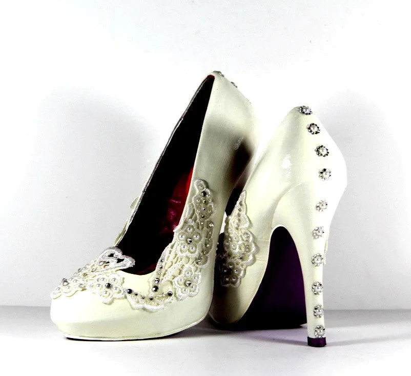 Hand-Painted Lace Heels with Swarovski Crystals & Pearls