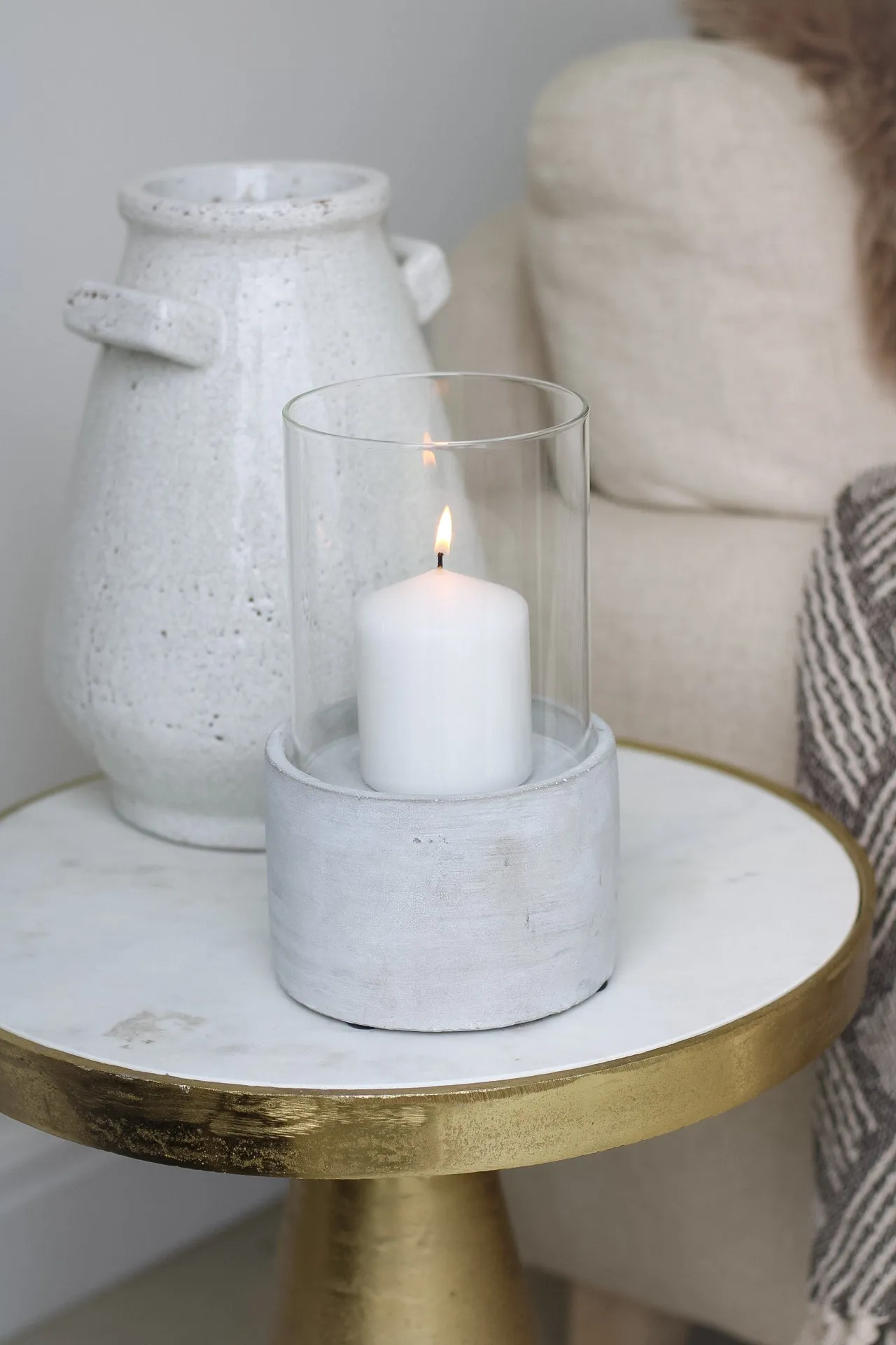 Hurricane Glass Lantern with Cement Base