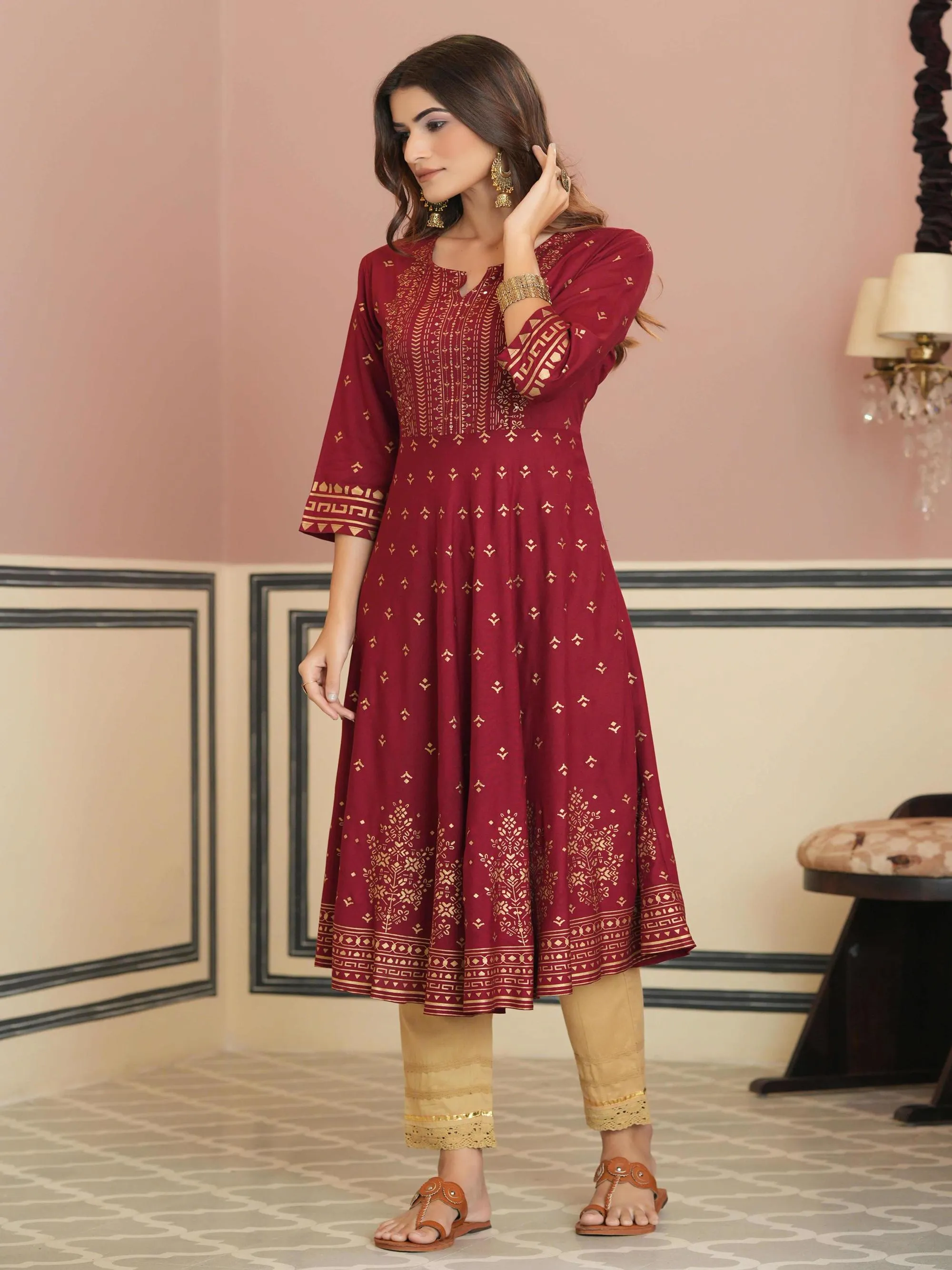 Juniper Maroon Ethnic Motif Printed  Rayon Kurta with Sequins