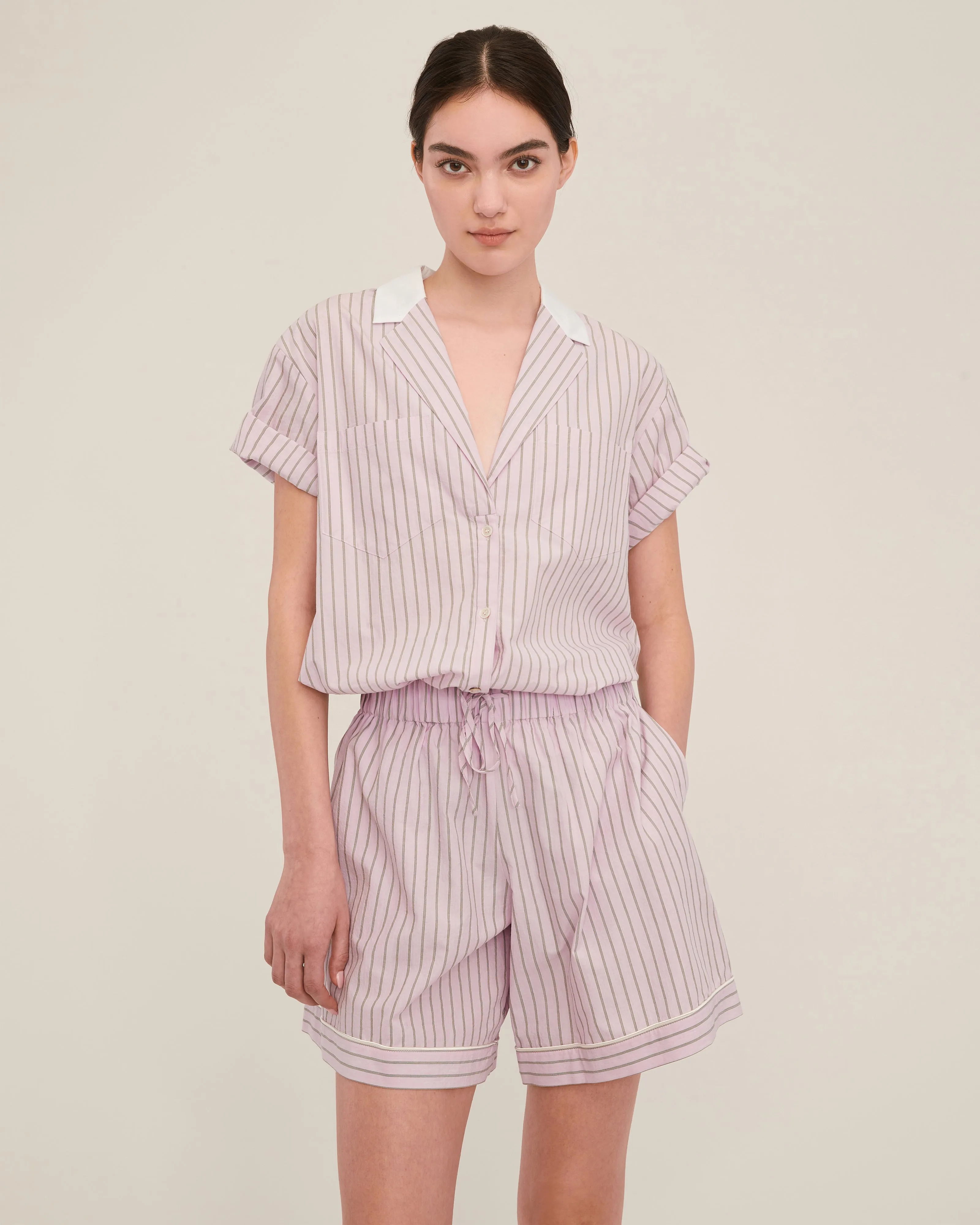 Margo Notch Collar Camp Shirt in Carnation Edie Stripe White Combo