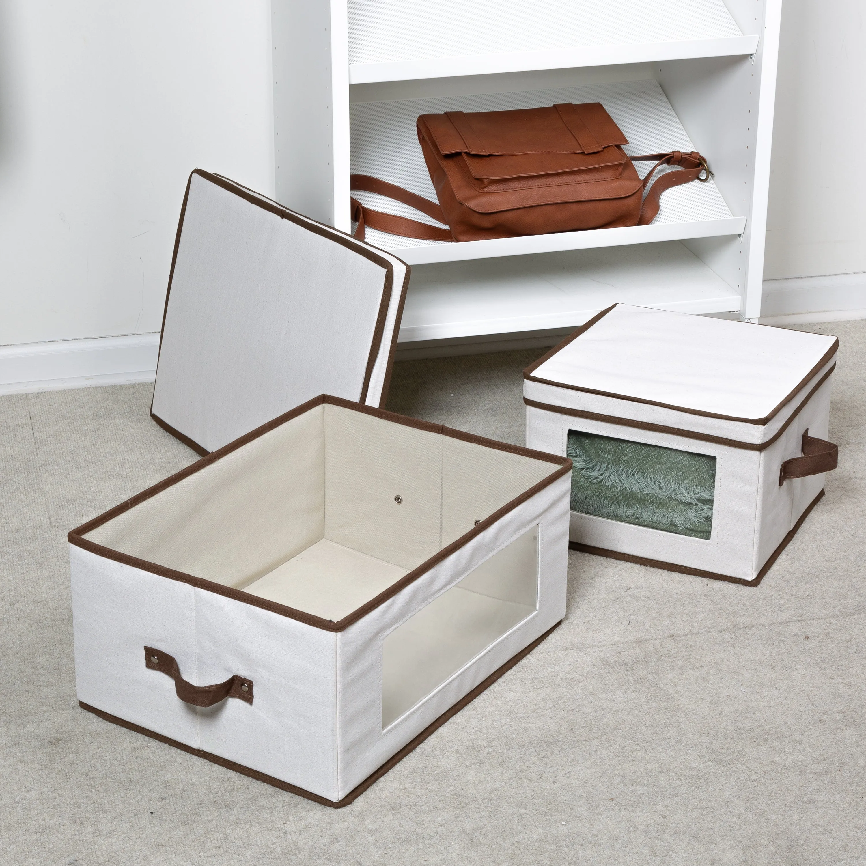 Natural 2-Pack Fabric Closet Storage Box with Lid, Clear-View Window & Removable Dividers