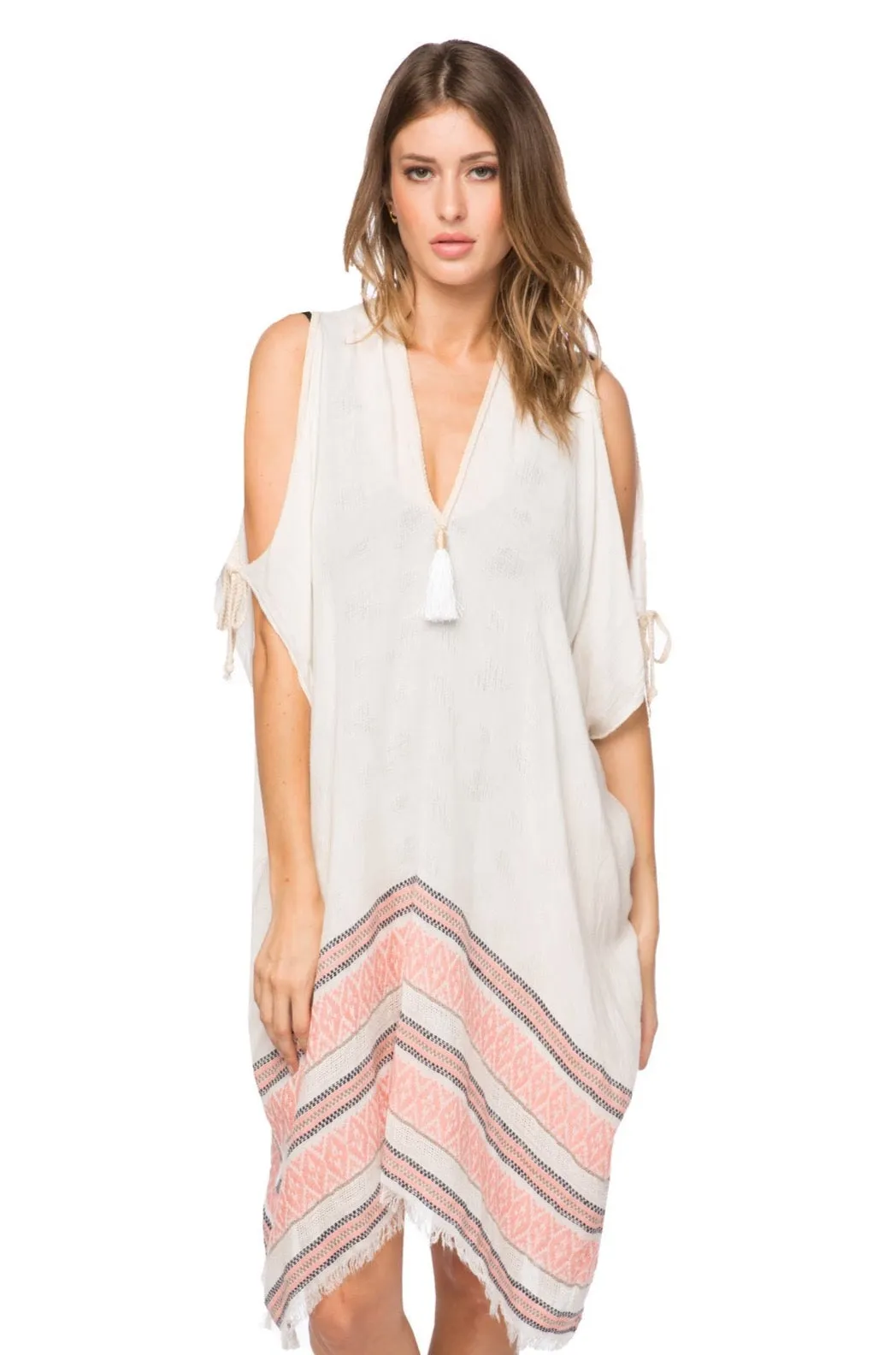 Open Shoulder Dress in Woven Stripe Jacquard Fabric