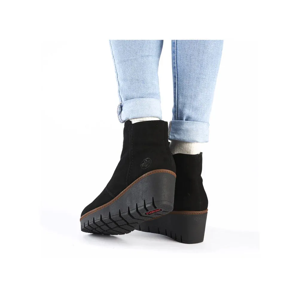 Rieker Y5065-00 Black Suede Leather Wedge Ankle Boots