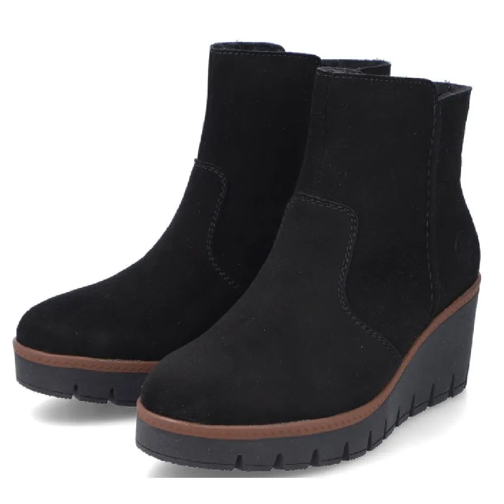 Rieker Y5065-00 Black Suede Leather Wedge Ankle Boots