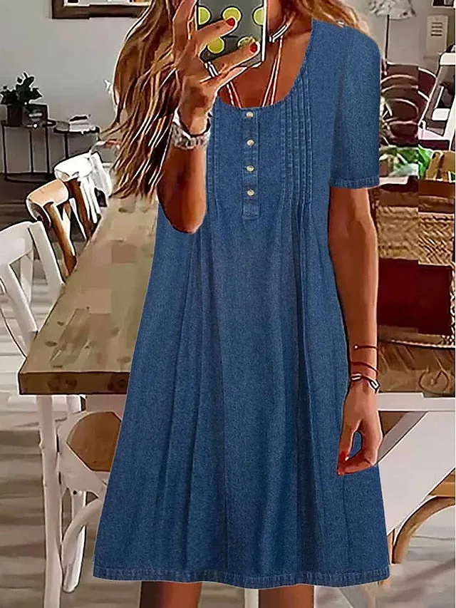 Women's Denim Dress Casual Dress Midi Dress Denim Basic Modern Outdoor Daily Crew Neck Button Short Sleeve Summer Spring 2023 Loose Fit Blue Plain S M L XL 2XL